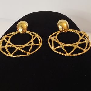 Vintage Signed Monet Doorknocker Gold Tone Earrings